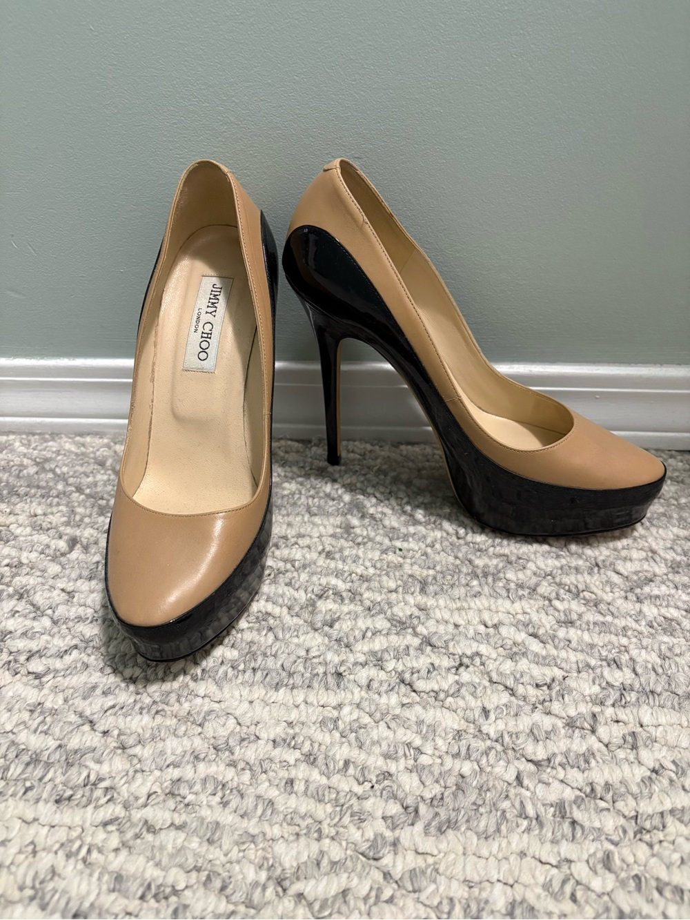 Jimmy Choo Beige and Black Patent Platform Pumps